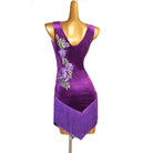 Purple velvet bloom latin dance dress rear view with the open back