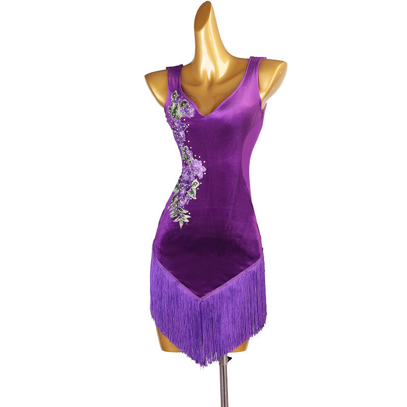 Purple velvet bloom latin dance dress side view showing the fringe point