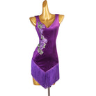 Purple velvet bloom latin dance dress front view with the chevron seam