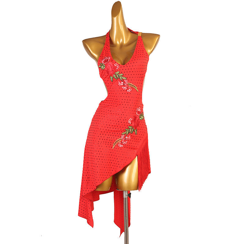 Red latin dance dress with embroidered flowers along the wrap front seam