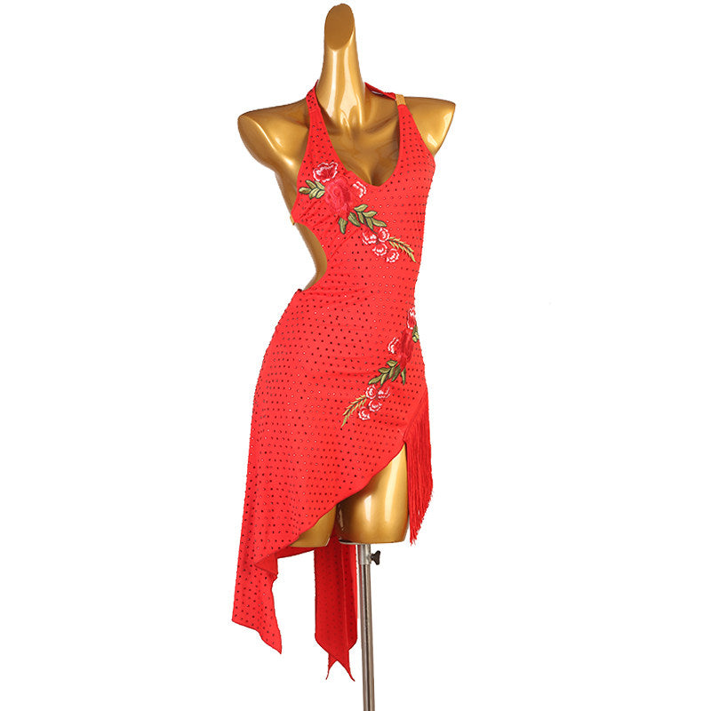 Red bloom latin dance dress angled view with the petal cut hem