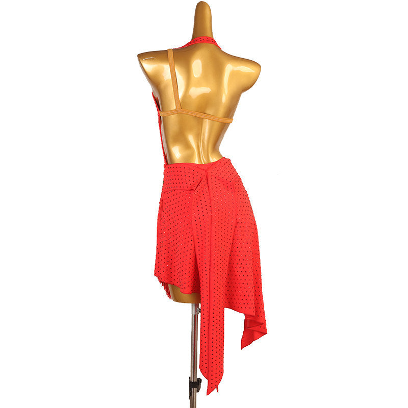 Red bloom latin dance dress side view showing the wrap seam