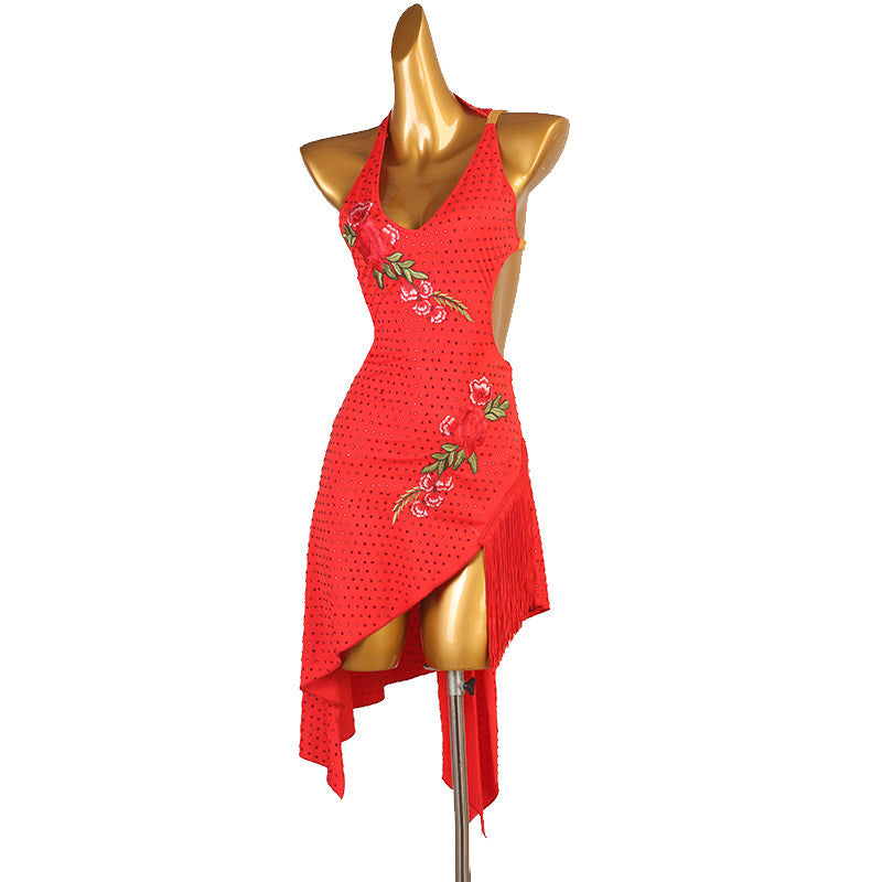 Red bloom latin dance dress front view with the hip embroidery