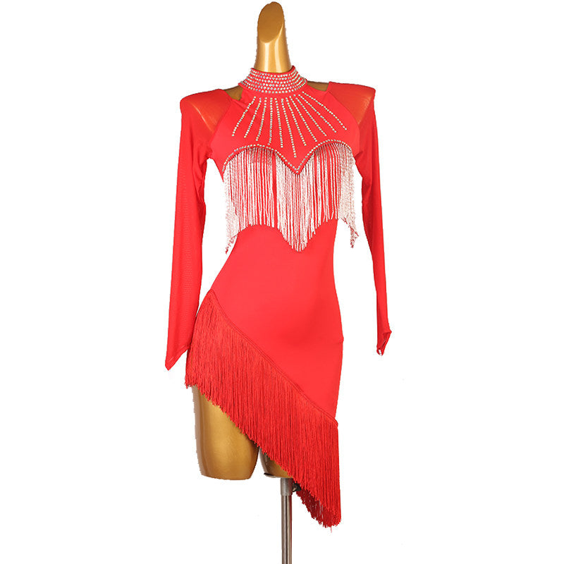 Red latin dance dress with white bead fringe bib and stone set collar