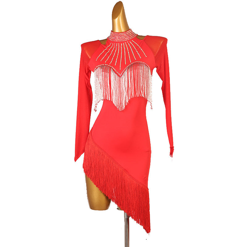 Red bead fringe bib latin dance dress angled view with the diagonal hem