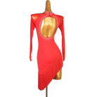 Red bead fringe bib latin dance dress side view showing the long sleeve