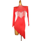 Red bead fringe bib latin dance dress front view with the bib spread