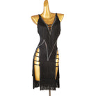 Black latin dance dress with stone wing lines and ladder hip cutouts