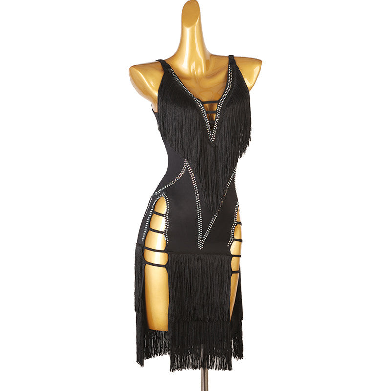 Black stone wing latin dance dress angled view showing the fringe layers