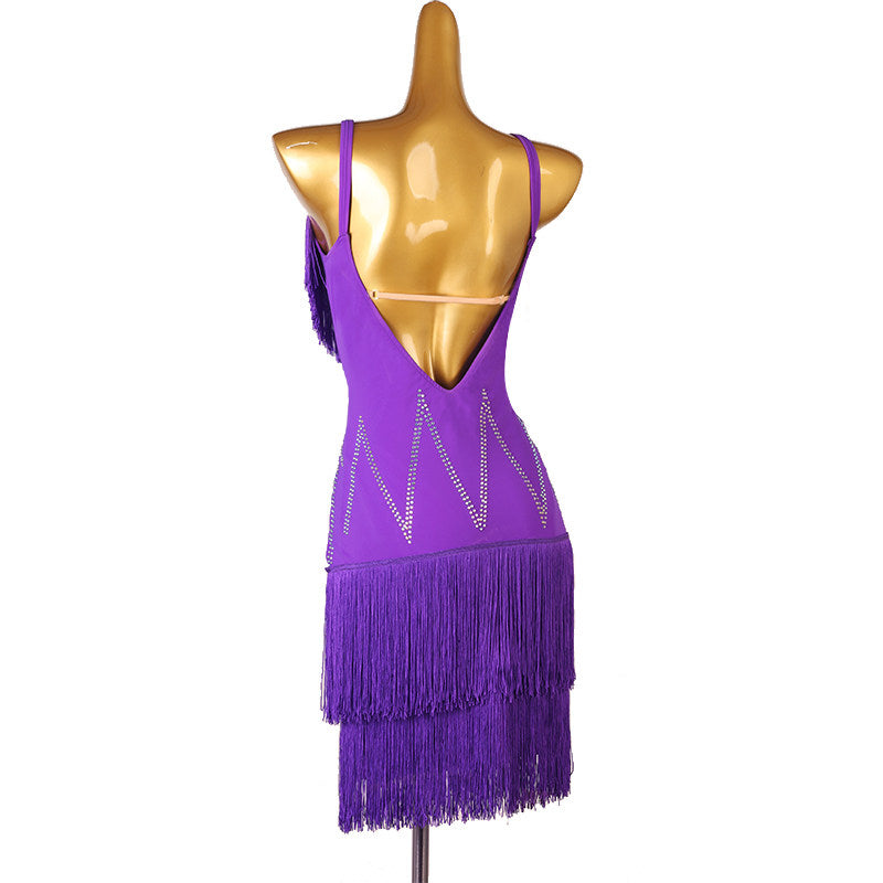Black stone wing latin dance dress rear view with the open back