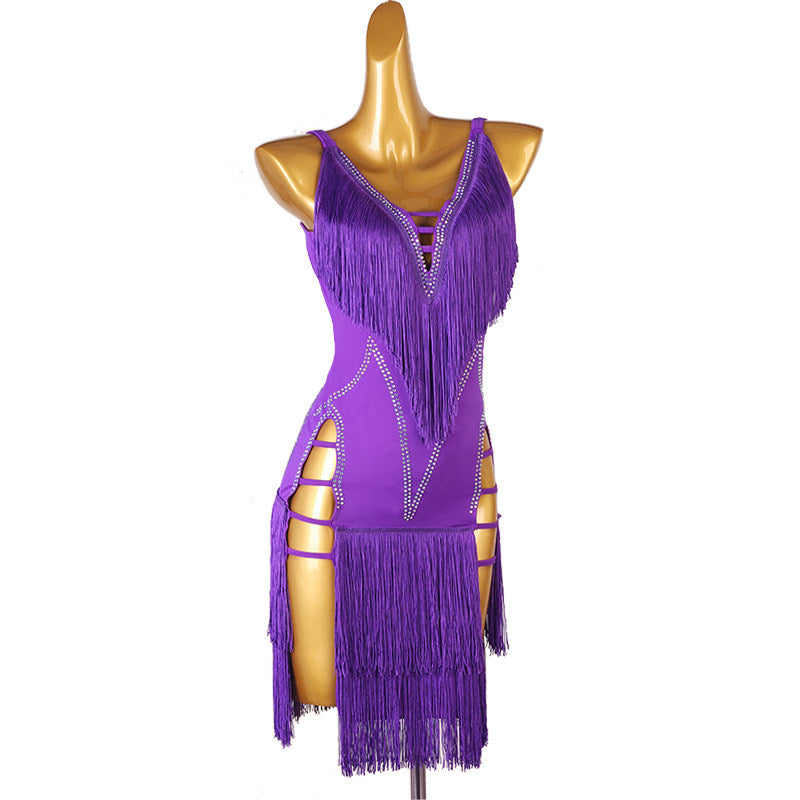 Purple latin dance dress with stone wing lines and layered fringe