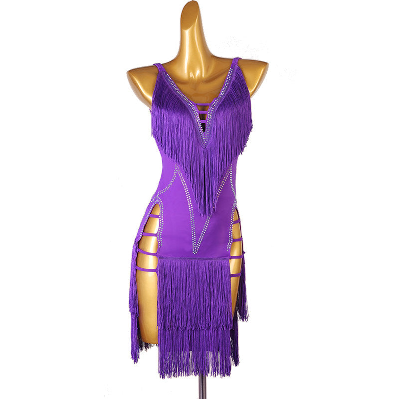 Purple stone wing latin dance dress front view showing the hip cutouts