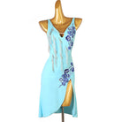 Pale blue latin dance dress with cloud scroll embroidery and bead fringe panel