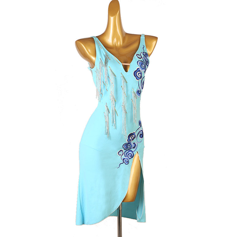 Pale blue cloud latin dance dress angled view showing the bead fringe
