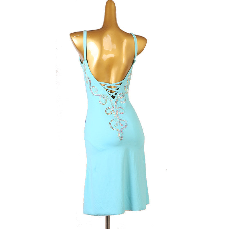 Pale blue cloud latin dance dress front view showing the front split
