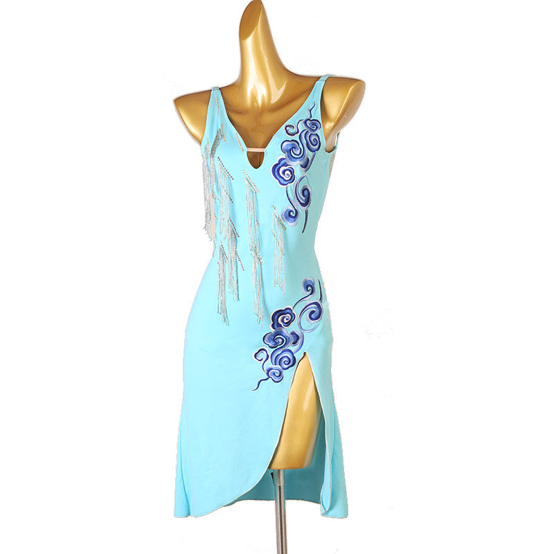 Pale blue cloud latin dance dress side view with the embroidery
