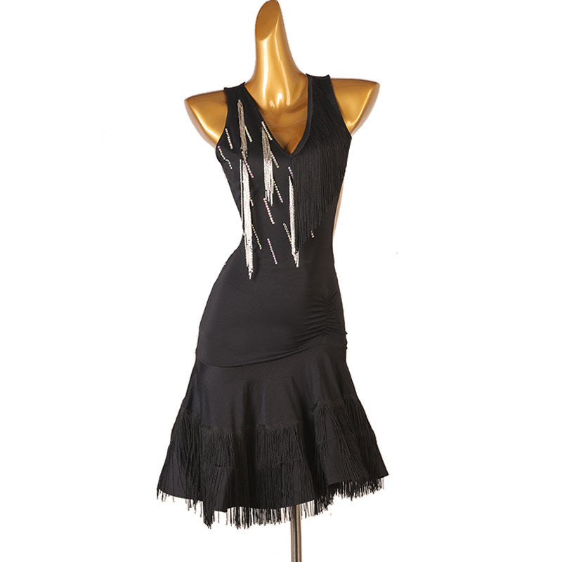 Black latin dance dress with hanging bead strands and pleated ruffle hem