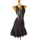 Black bead drop latin dance dress angled view showing the ruffle depth