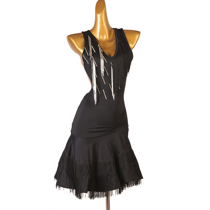 Black bead drop latin dance dress angled view showing the ruffle depth
