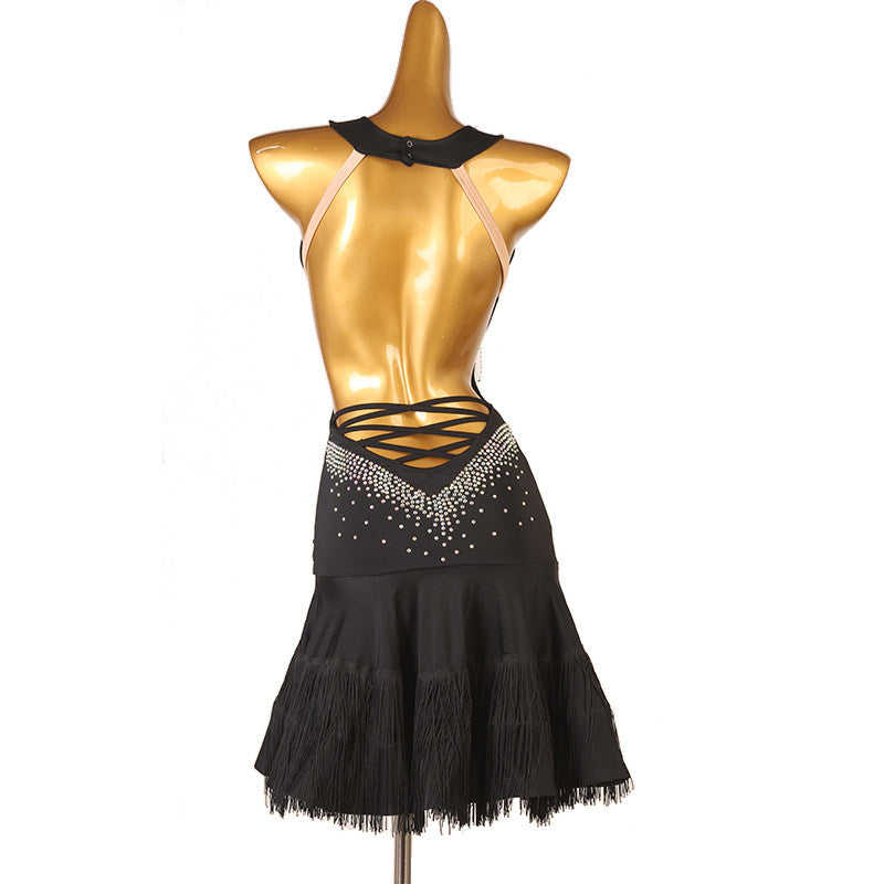 Black bead drop latin dance dress rear view with the stone set laced back