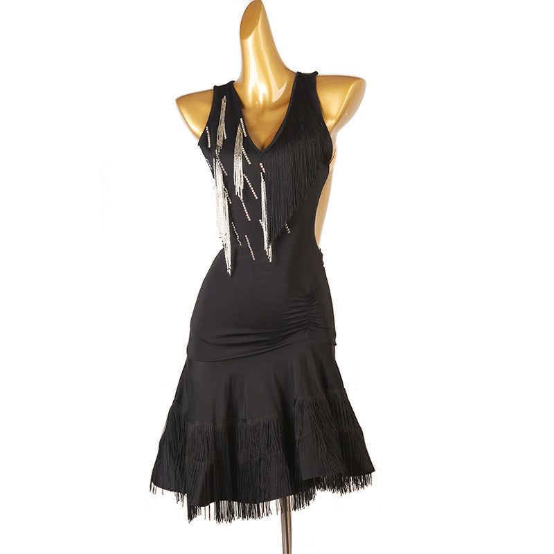Black bead drop latin dance dress side view showing the bead strands