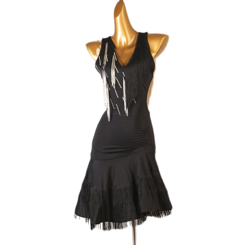 Black bead drop latin dance dress front view with the ruffle spread
