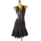 Black bead drop latin dance dress showing the uneven strand lengths