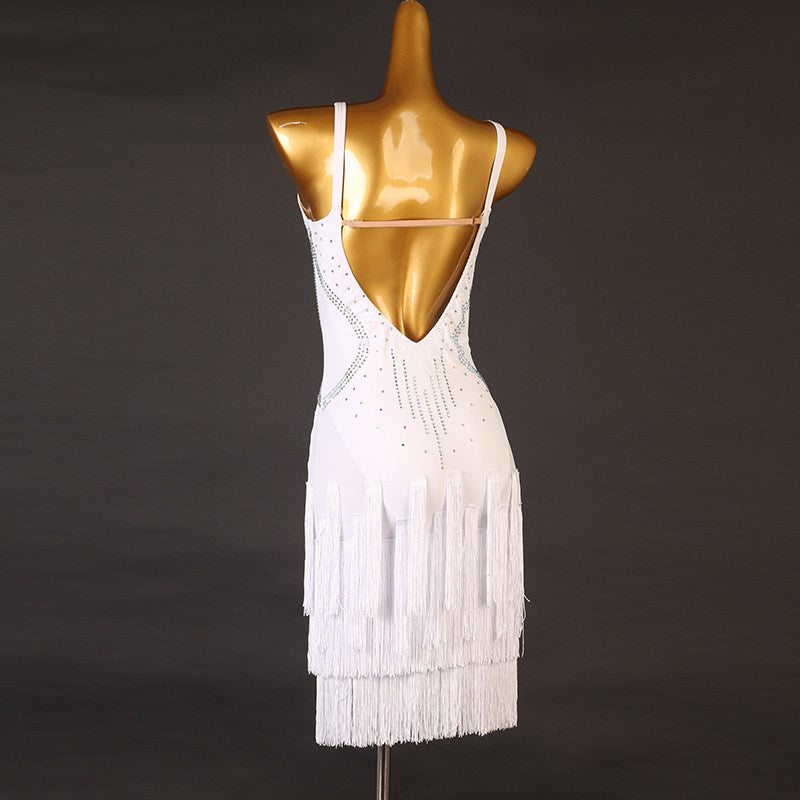White cutaway hip latin dance dress rear view showing the deep open back