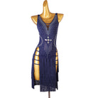 Navy latin dance dress with stone set panel and strap ladder hip cutouts
