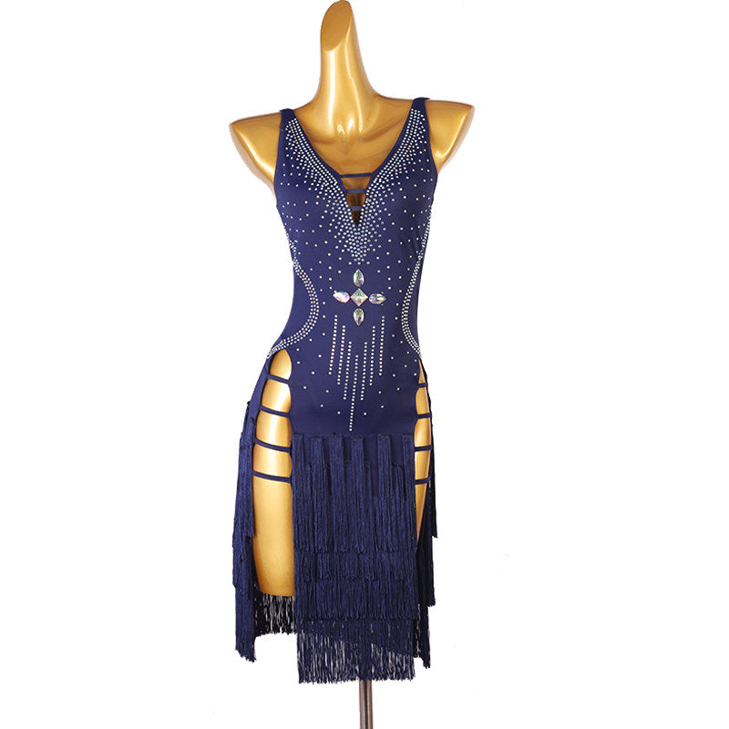 Navy latin dance dress with stone set panel and strap ladder hip cutouts
