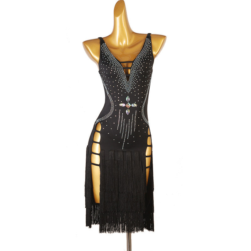 Black latin dance dress with stone centre panel and tiered fringe