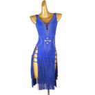 Blue latin dance dress with strap ladder hip cutouts and fringe tiers