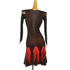 Red fringe panel latin dance dress rear view showing the sheer mesh back