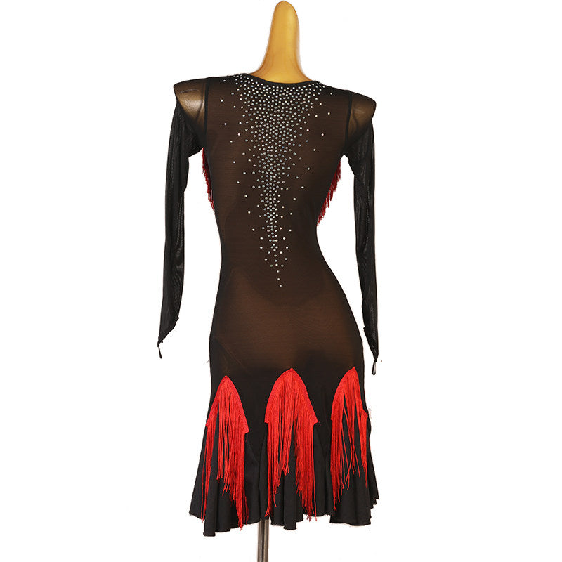 Red fringe panel latin dance dress rear view showing the sheer mesh back