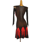 Red fringe panel latin dance dress side view showing the mesh sleeve