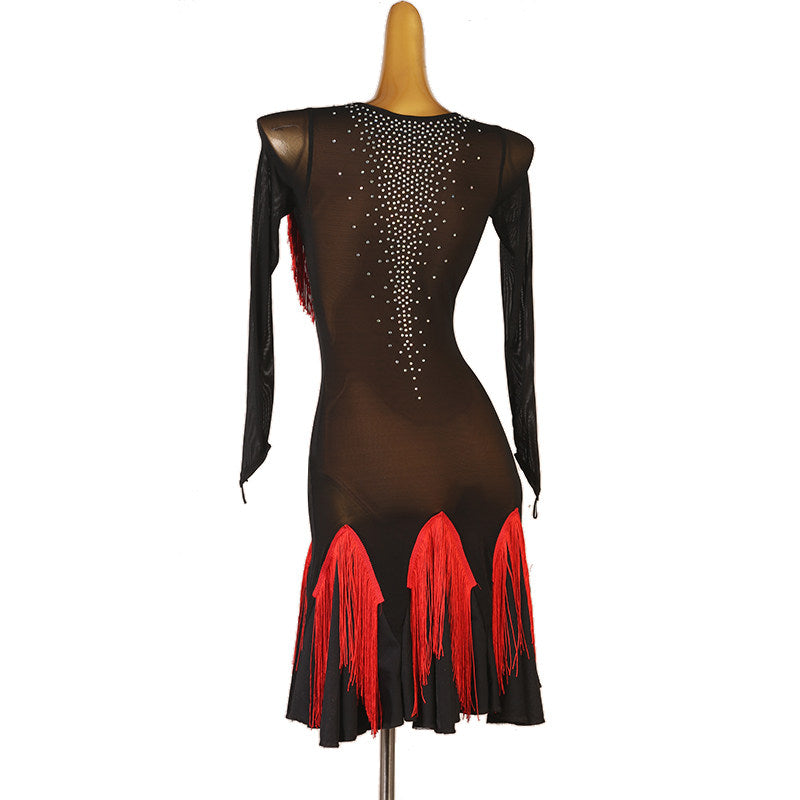 Red fringe panel latin dance dress side view showing the mesh sleeve