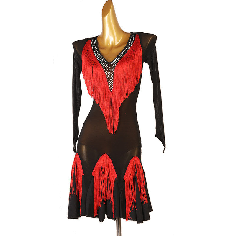 Red fringe panel latin dance dress front view with the fringe V filled