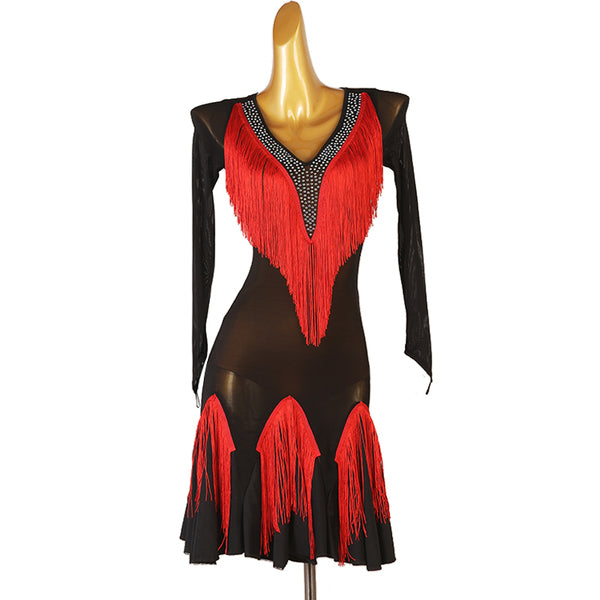 Red fringe panel latin dance dress showing the stone scatter on mesh