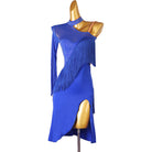 Blue one shoulder fringe latin dance dress angled view with the split skirt