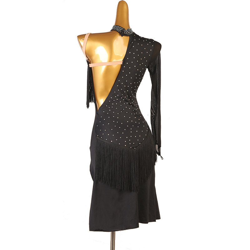 Black one shoulder fringe latin dance dress rear view showing the open back