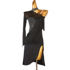 Black one shoulder fringe latin dance dress front view with the stone sash