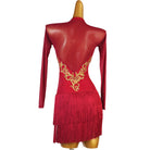 Red gold baroque latin dance dress rear view showing the scrollwork on the back