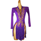Purple latin dance dress with gold baroque scrollwork down the front