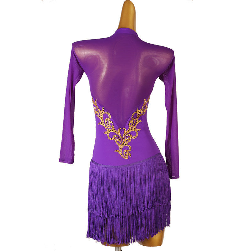 Purple gold baroque latin dance dress rear view with the open back