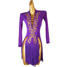 Purple gold baroque latin dance dress angled view showing the leg splits