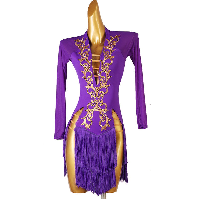 Purple gold baroque latin dance dress angled view showing the leg splits
