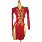 Red gold baroque latin dance dress side view with the fringe hem