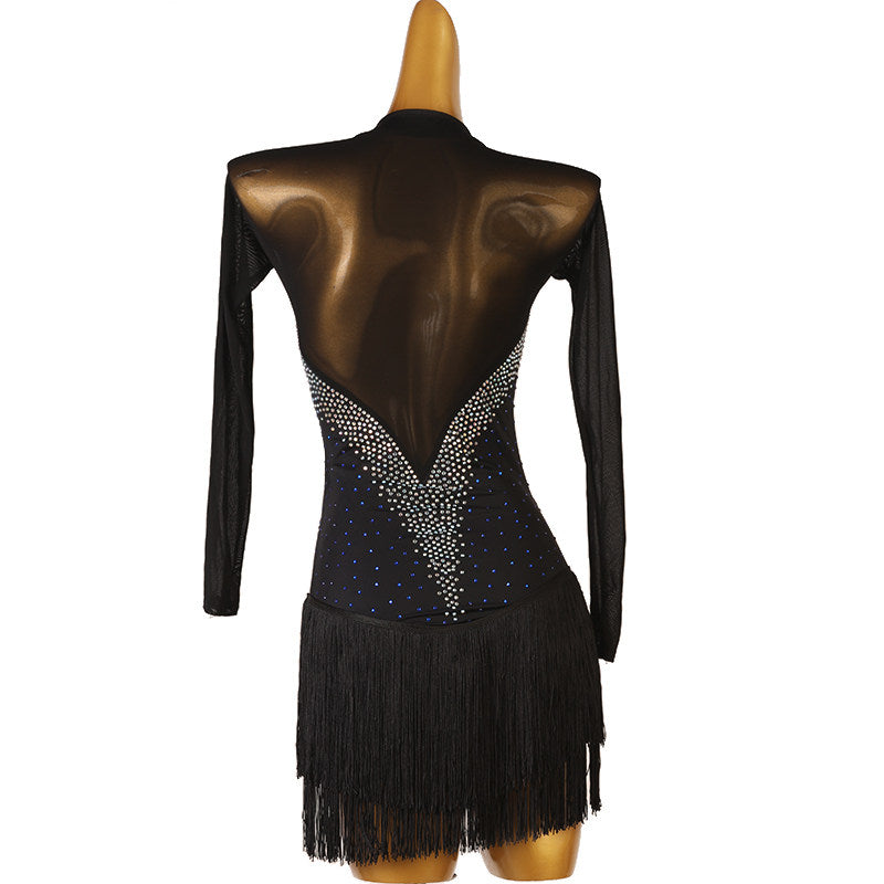Black stone corset latin dance dress rear view showing the bare back