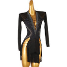 Black stone corset latin dance dress angled view with the fringe hem