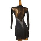 Black stone corset latin dance dress showing the deep open back curve
